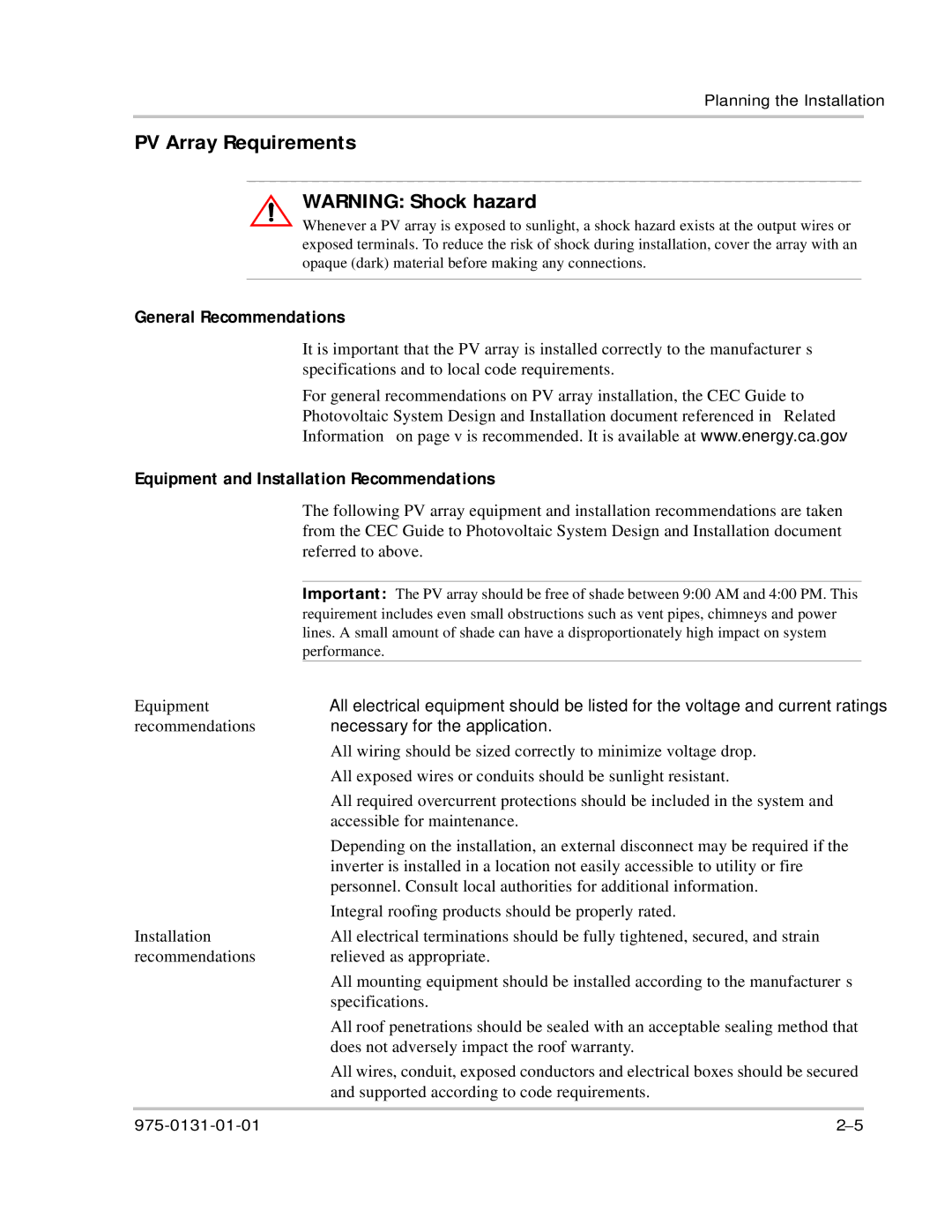 Xantrex Technology GT3.0 PV Array Requirements, General Recommendations, Equipment and Installation Recommendations 