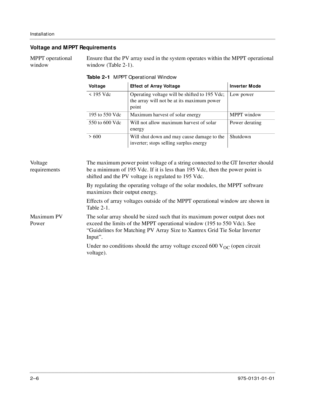 Xantrex Technology GT3.0 owner manual Voltage and Mppt Requirements, 1MPPT Operational Window 