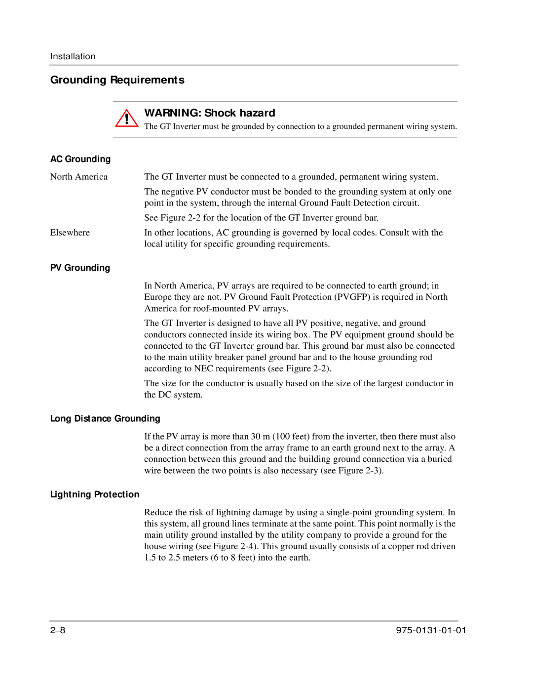 Xantrex Technology GT3.0 owner manual Grounding Requirements, Long Distance Grounding, Lightning Protection, AC Grounding 