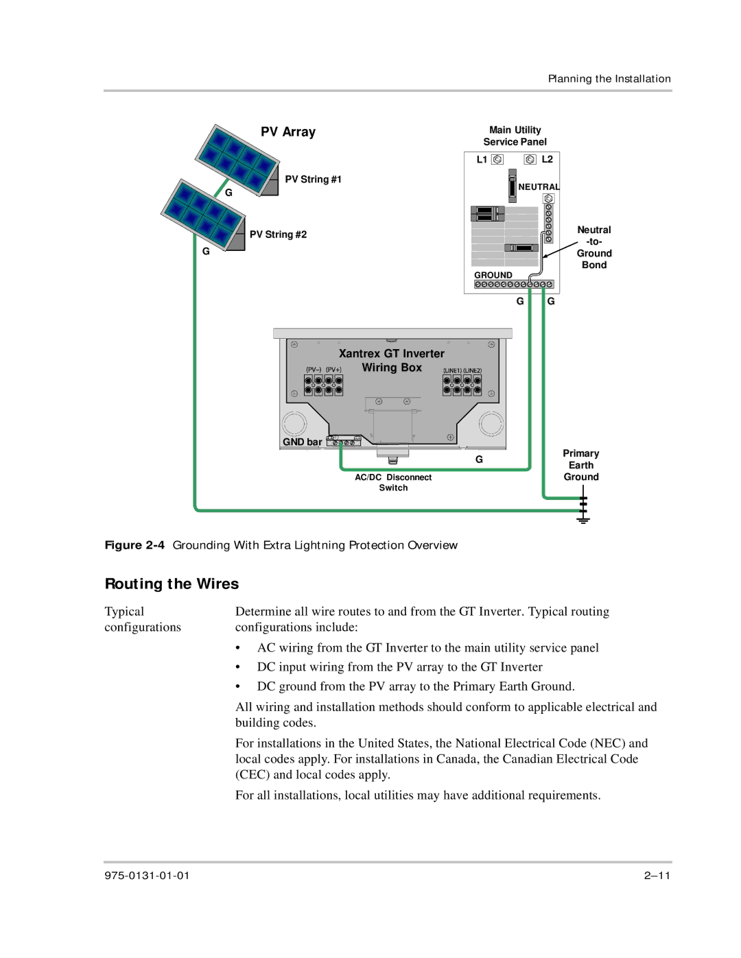 Xantrex Technology GT3.0 owner manual Routing the Wires, 4Grounding With Extra Lightning Protection Overview 