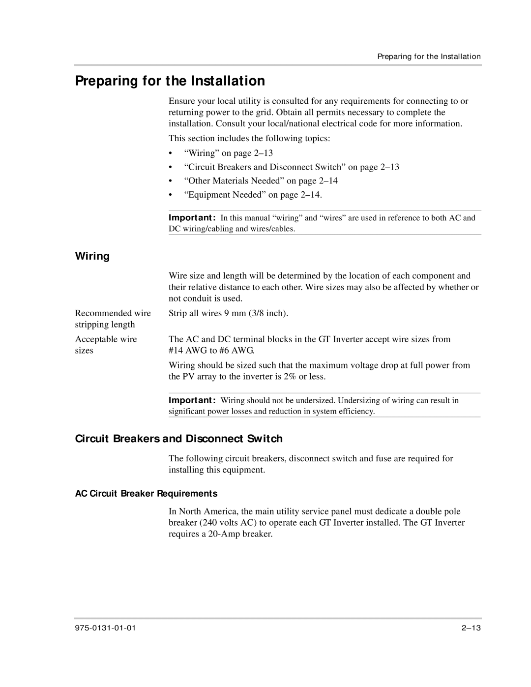 Xantrex Technology GT3.0 owner manual Preparing for the Installation, Wiring, Circuit Breakers and Disconnect Switch 