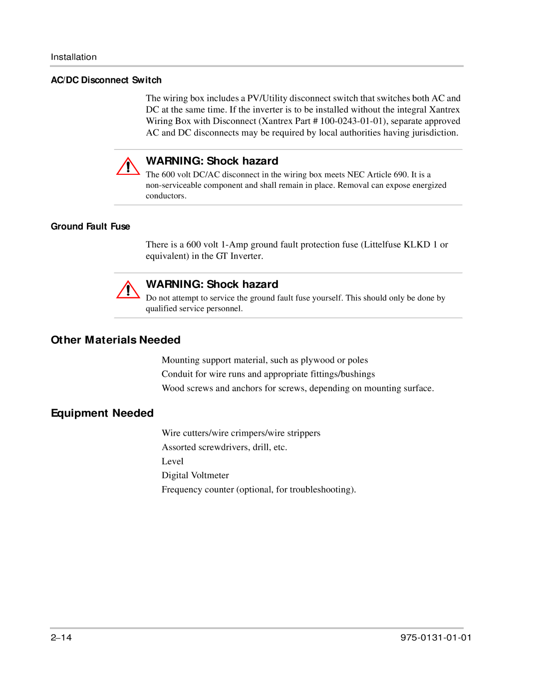 Xantrex Technology GT3.0 owner manual Other Materials Needed, Equipment Needed, AC/DC Disconnect Switch, Ground Fault Fuse 