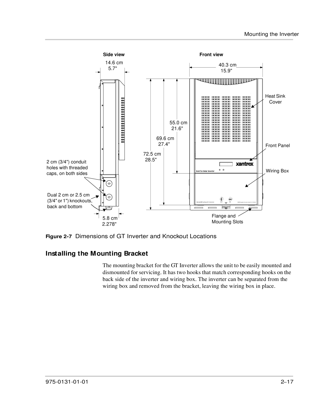 Xantrex Technology GT3.0 owner manual Installing the Mounting Bracket, 7Dimensions of GT Inverter and Knockout Locations 