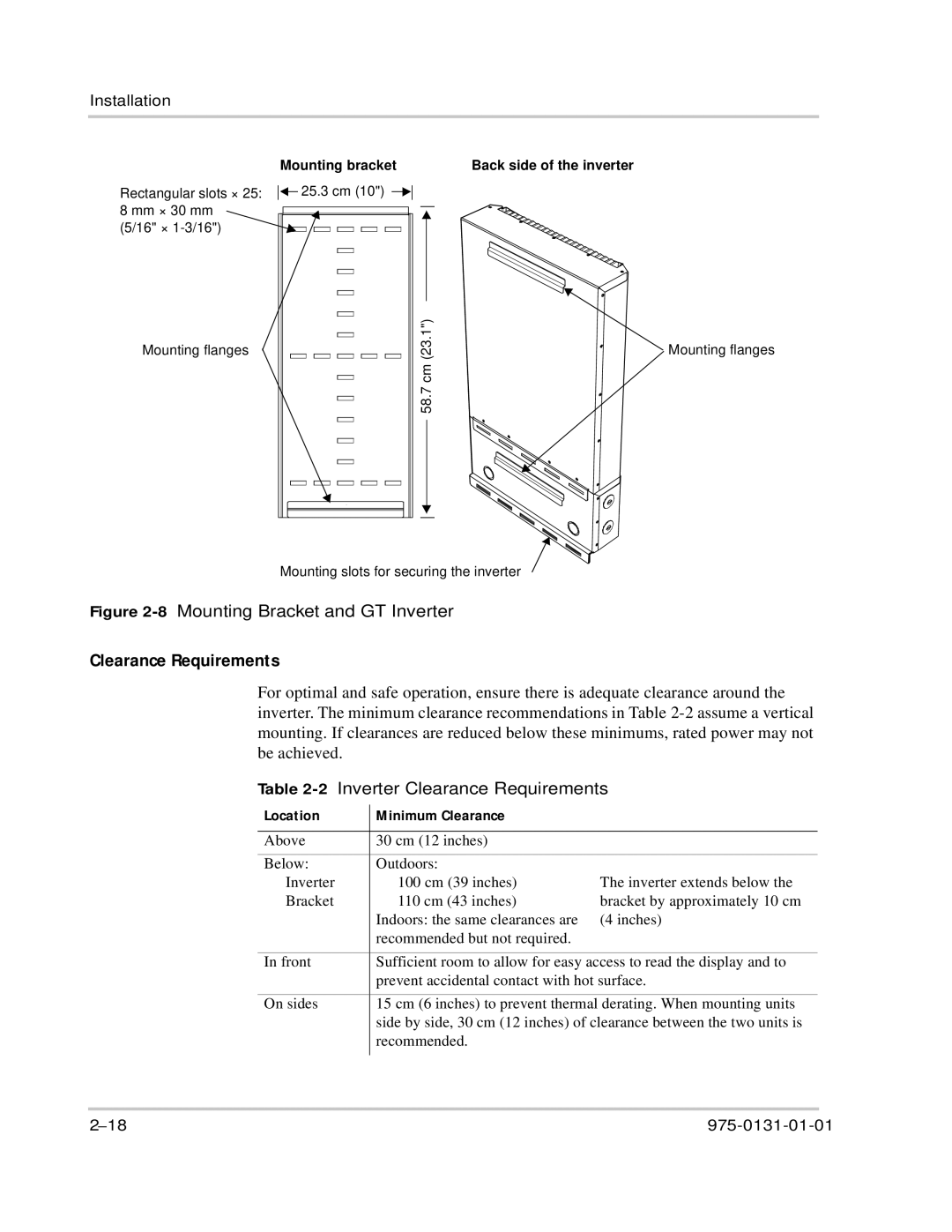 Xantrex Technology GT3.0 owner manual 2Inverter Clearance Requirements, Location Minimum Clearance 