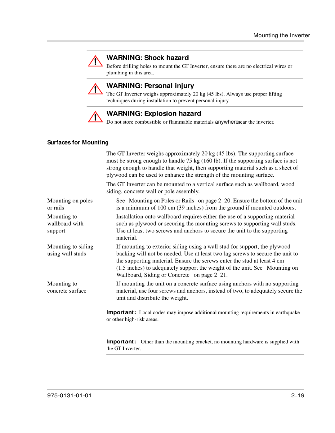 Xantrex Technology GT3.0 owner manual Surfaces for Mounting 