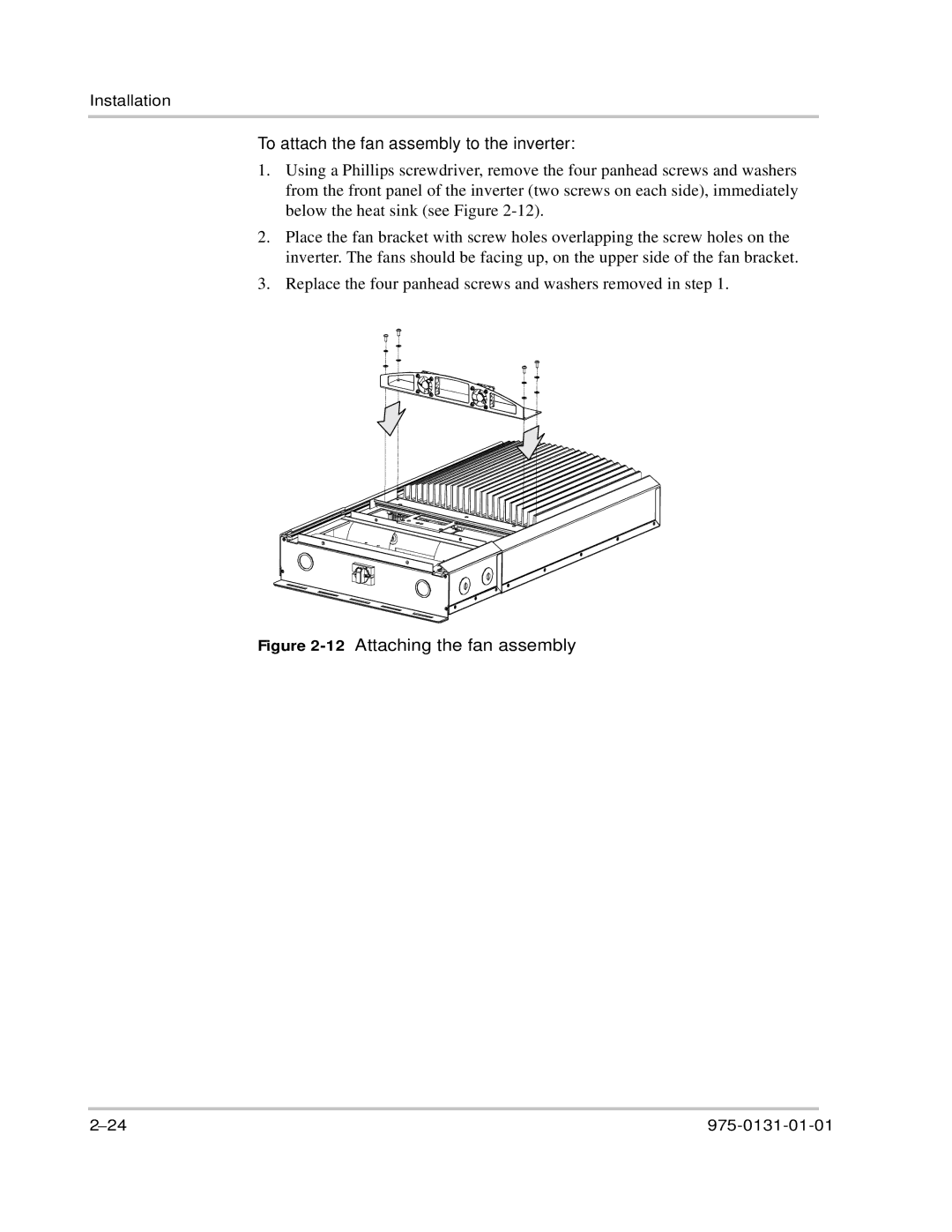 Xantrex Technology GT3.0 owner manual To attach the fan assembly to the inverter, 12Attaching the fan assembly 