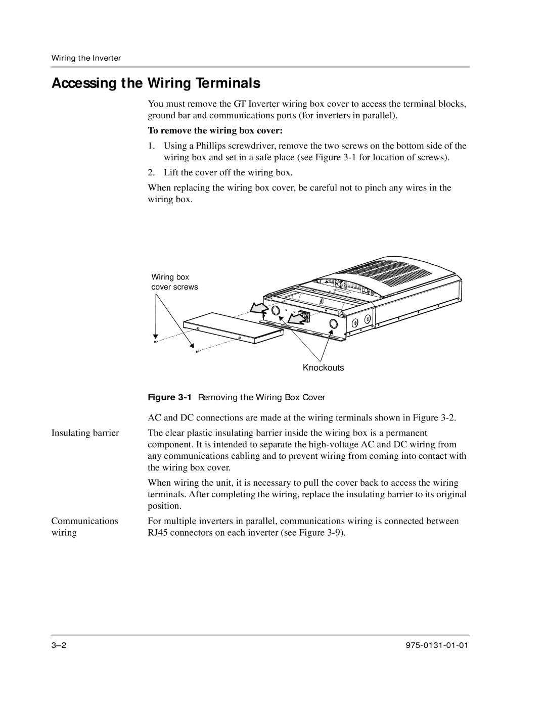 Xantrex Technology GT3.0 owner manual Accessing the Wiring Terminals, To remove the wiring box cover 