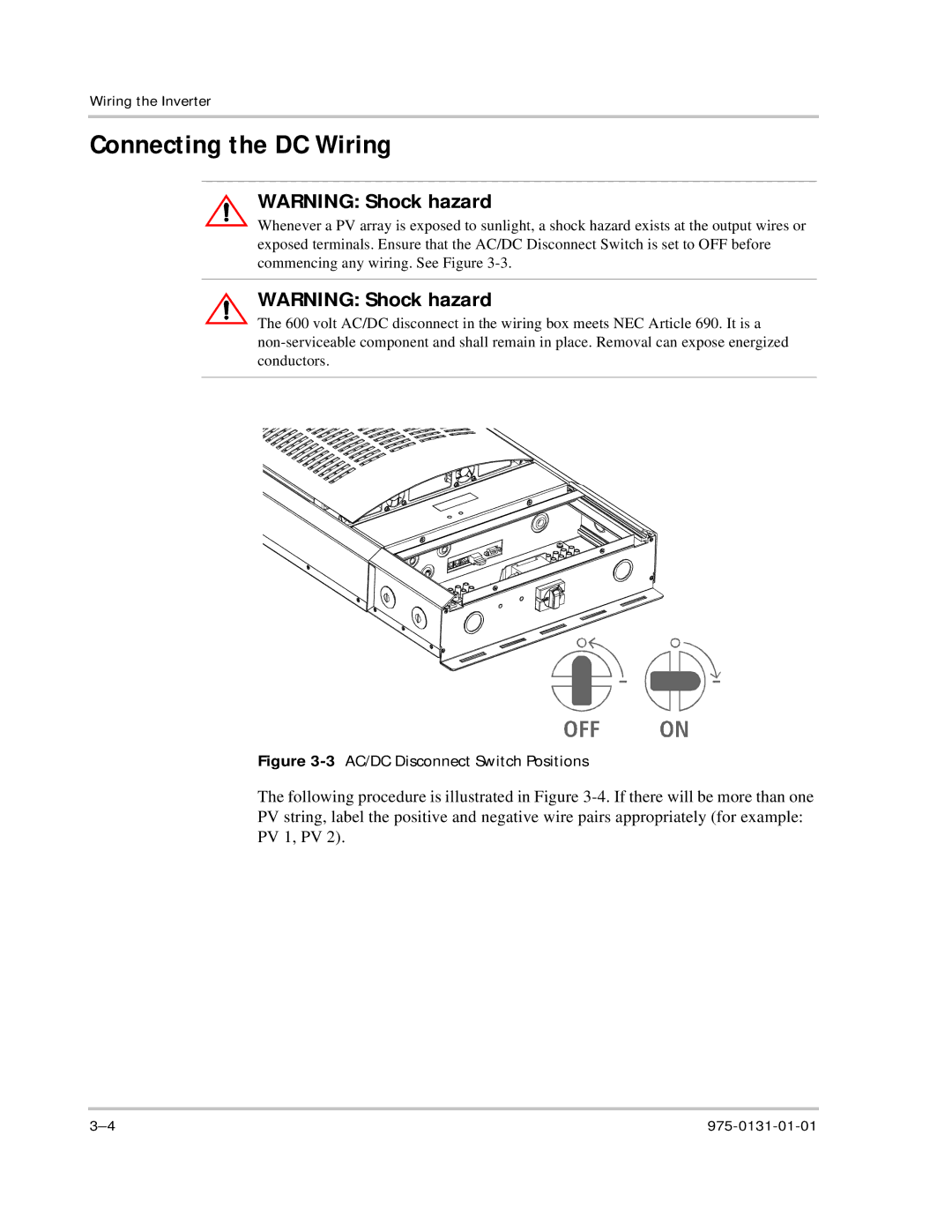 Xantrex Technology GT3.0 owner manual Connecting the DC Wiring, 3AC/DC Disconnect Switch Positions 