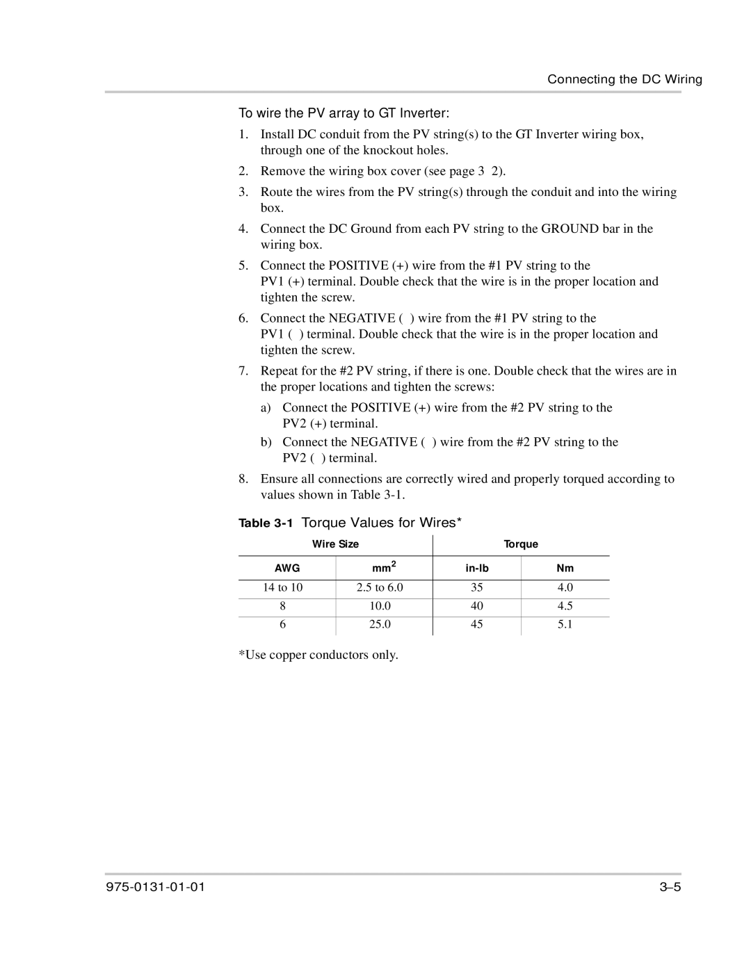 Xantrex Technology GT3.0 owner manual To wire the PV array to GT Inverter, 1Torque Values for Wires, Wire Size Torque 