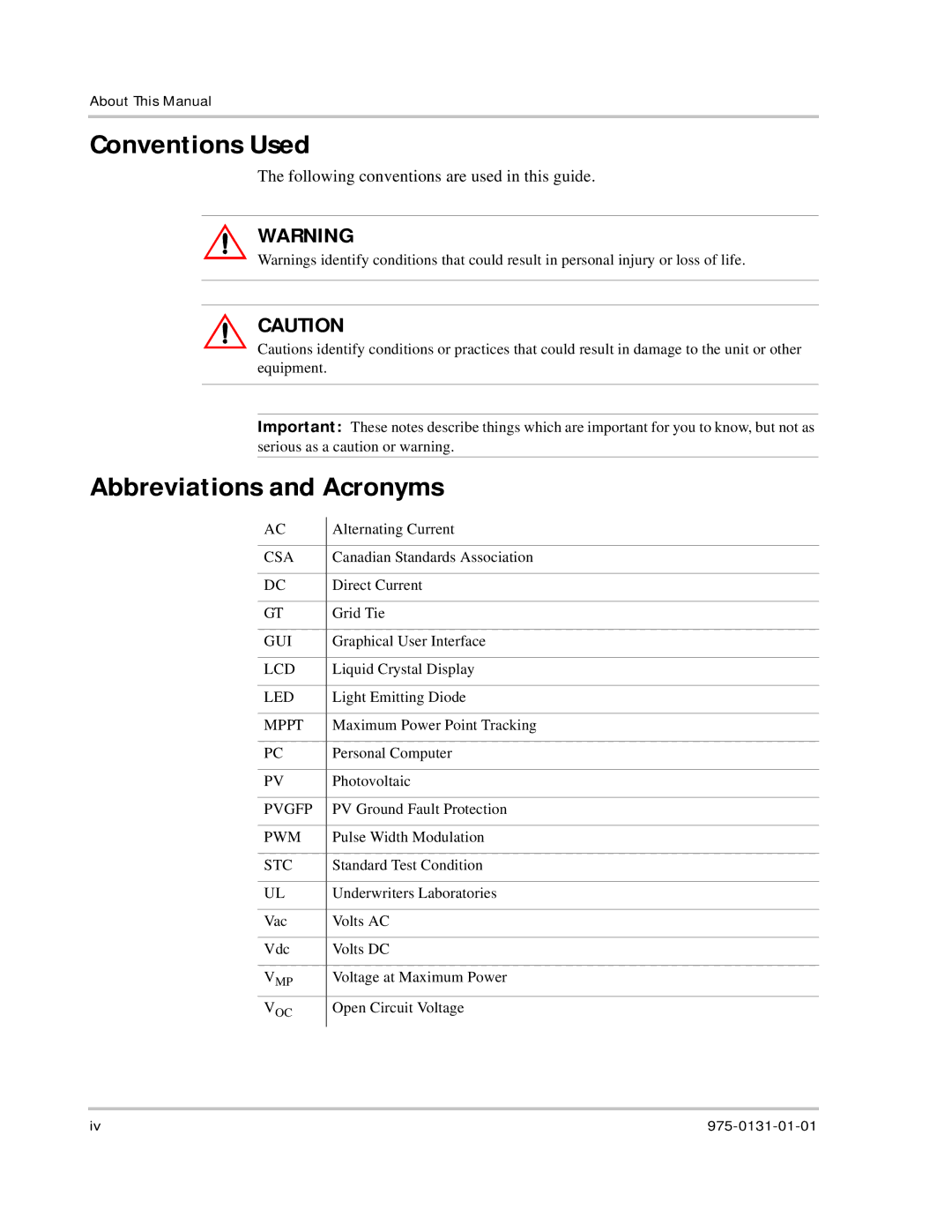 Xantrex Technology GT3.0 owner manual Conventions Used, Abbreviations and Acronyms 