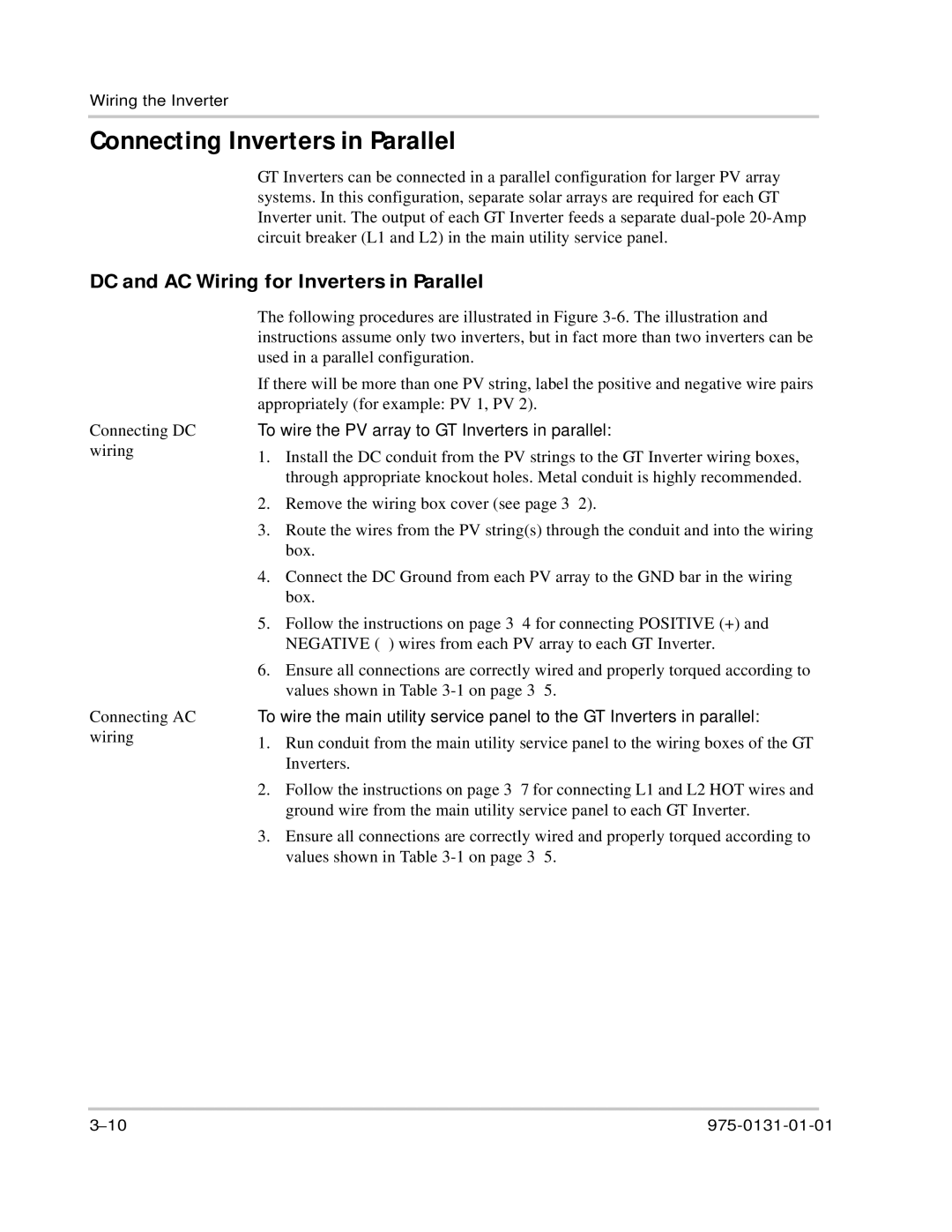 Xantrex Technology GT3.0 owner manual Connecting Inverters in Parallel, DC and AC Wiring for Inverters in Parallel 