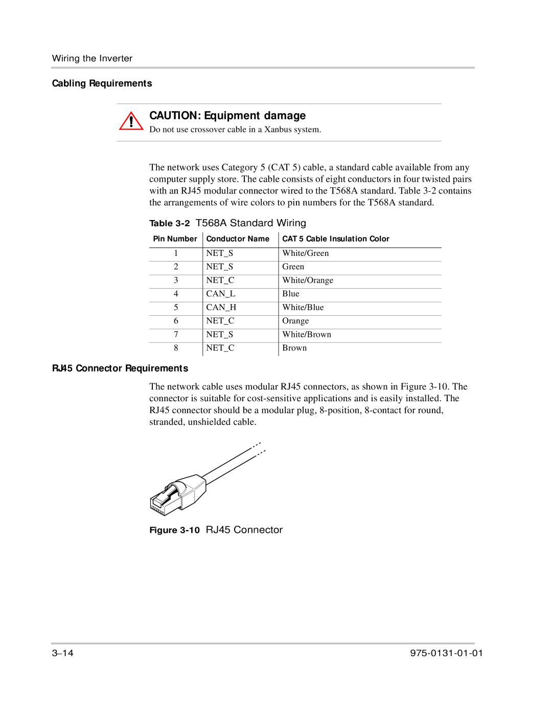 Xantrex Technology GT3.0 owner manual Cabling Requirements, RJ45 Connector Requirements, 2T568A Standard Wiring 