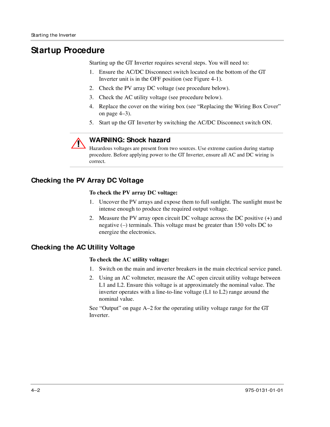 Xantrex Technology GT3.0 owner manual Startup Procedure, Checking the PV Array DC Voltage, Checking the AC Utility Voltage 