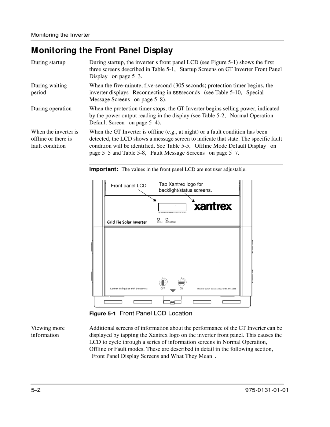 Xantrex Technology GT3.0 owner manual Monitoring the Front Panel Display, 1Front Panel LCD Location 