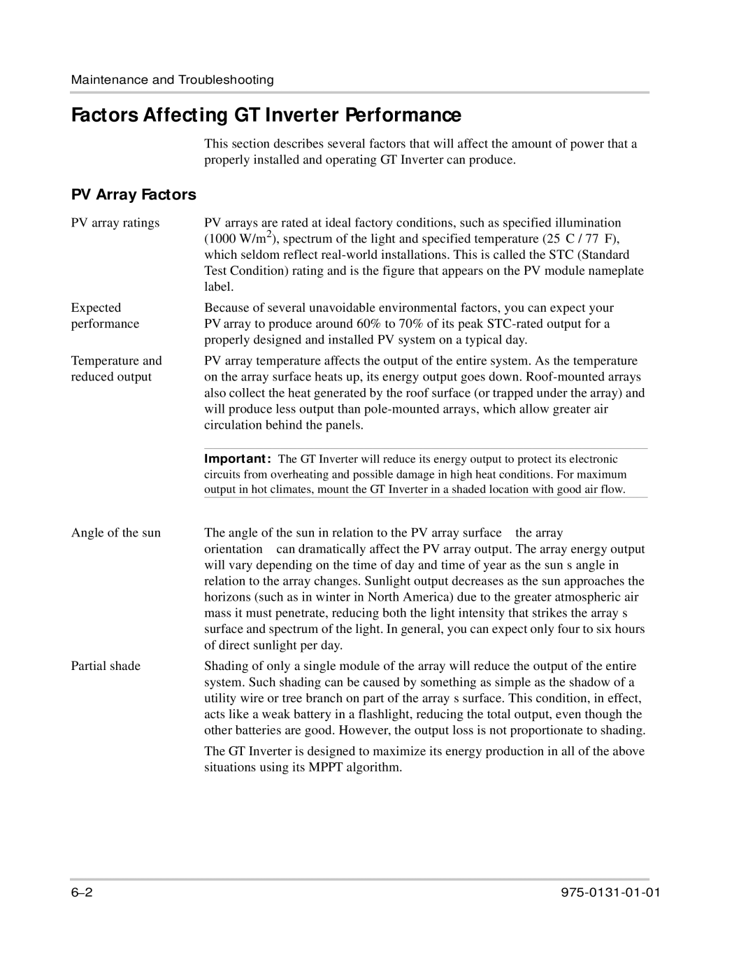 Xantrex Technology GT3.0 owner manual Factors Affecting GT Inverter Performance, PV Array Factors 