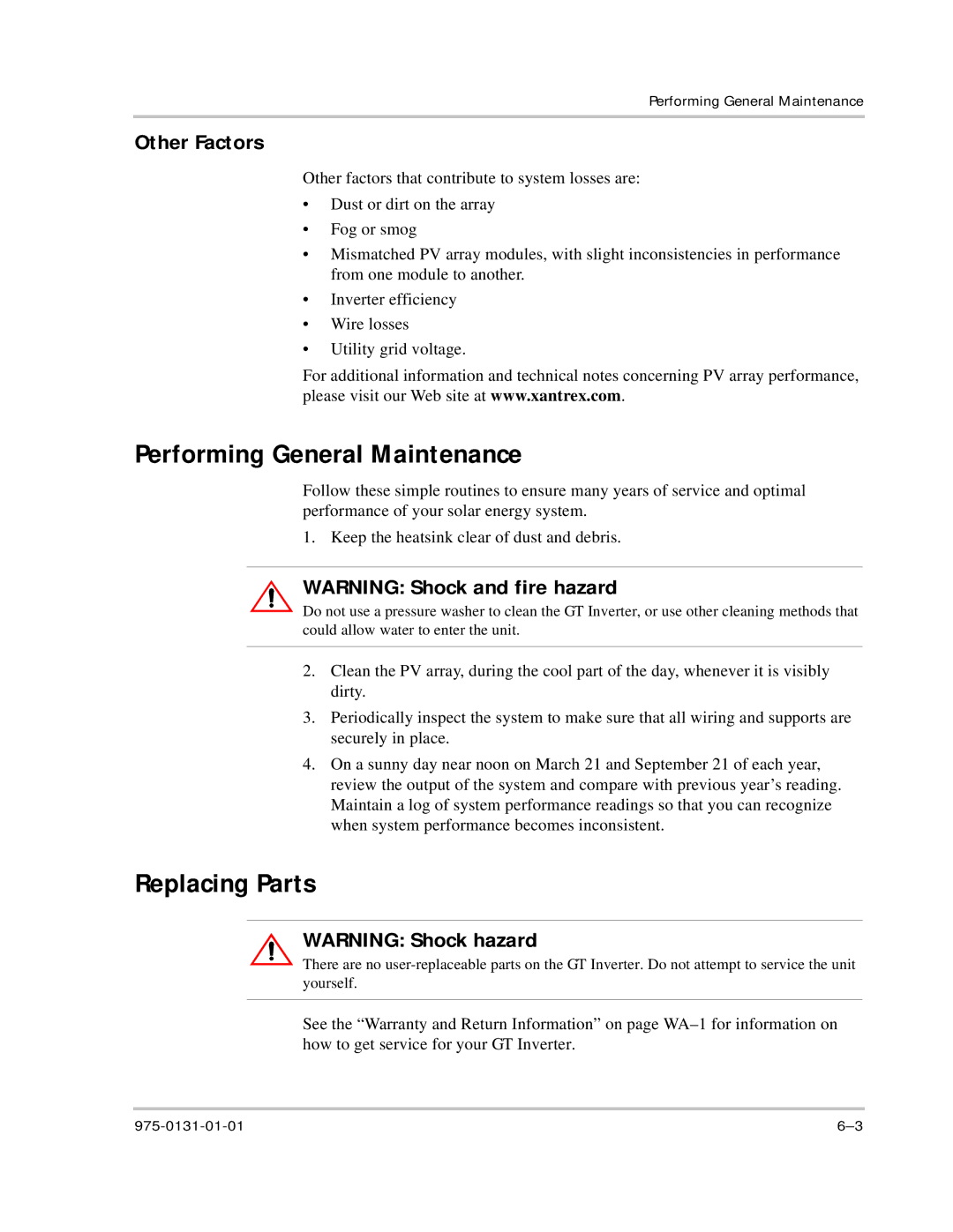 Xantrex Technology GT3.0 owner manual Performing General Maintenance, Replacing Parts, Other Factors 