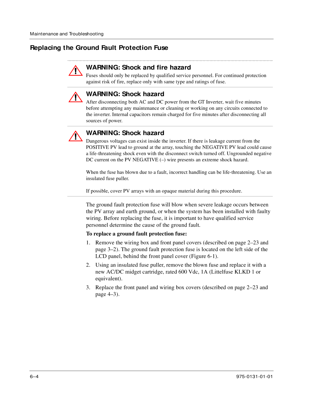 Xantrex Technology GT3.0 owner manual Replacing the Ground Fault Protection Fuse, To replace a ground fault protection fuse 