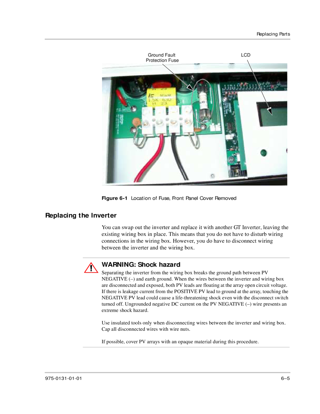 Xantrex Technology GT3.0 owner manual Replacing the Inverter, 1Location of Fuse, Front Panel Cover Removed 