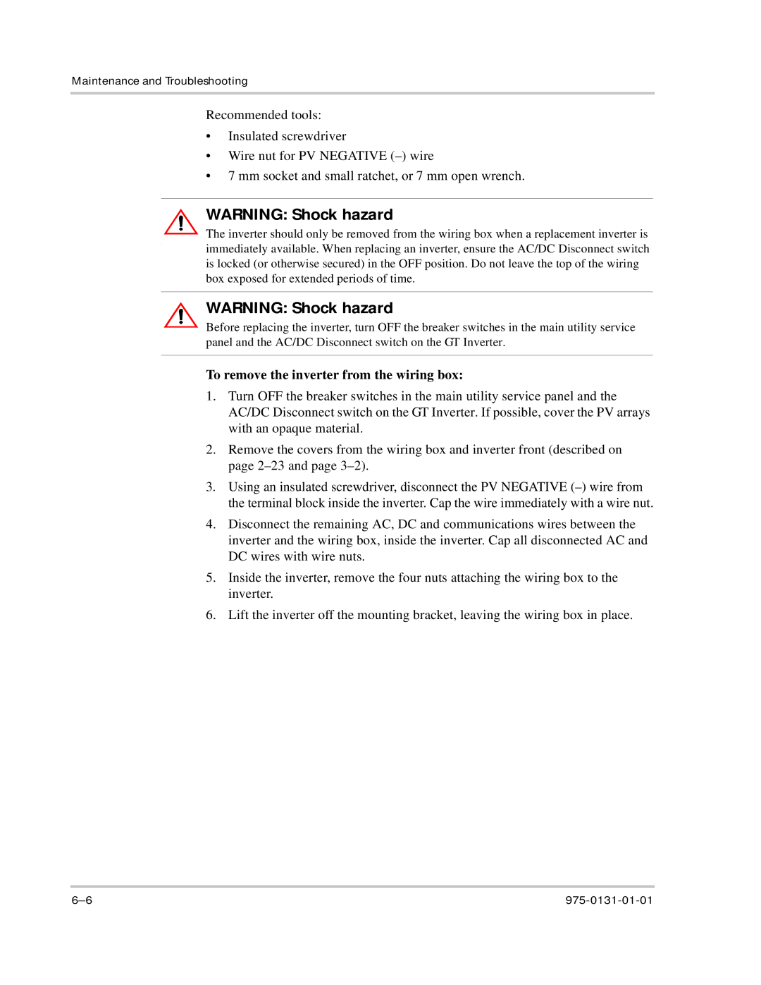 Xantrex Technology GT3.0 owner manual To remove the inverter from the wiring box 