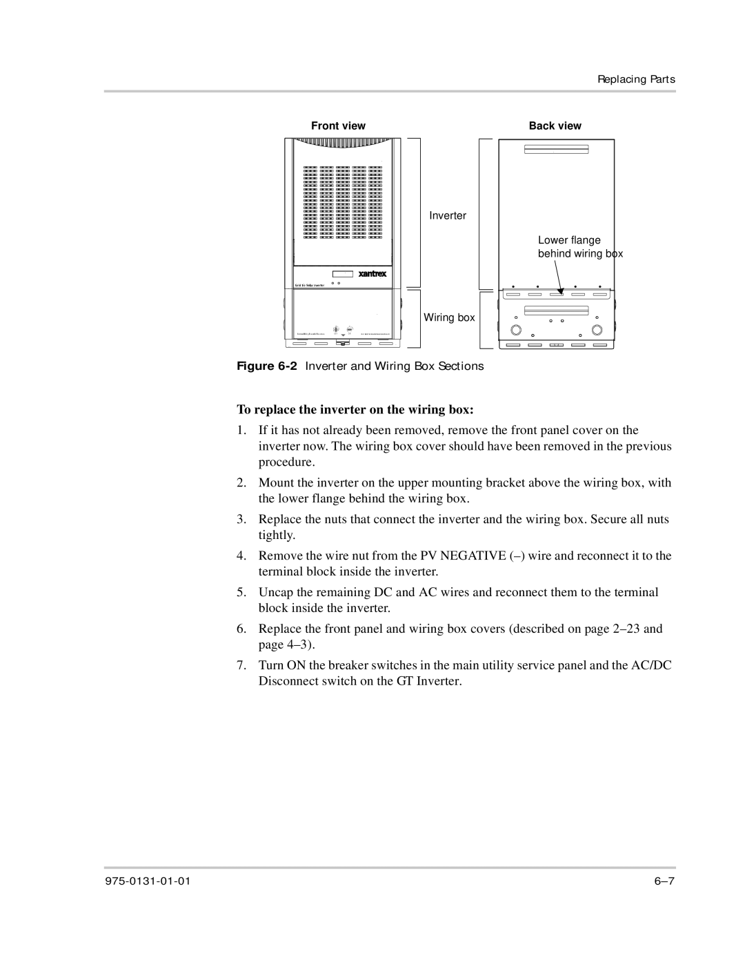 Xantrex Technology GT3.0 owner manual 2Inverter and Wiring Box Sections, To replace the inverter on the wiring box 