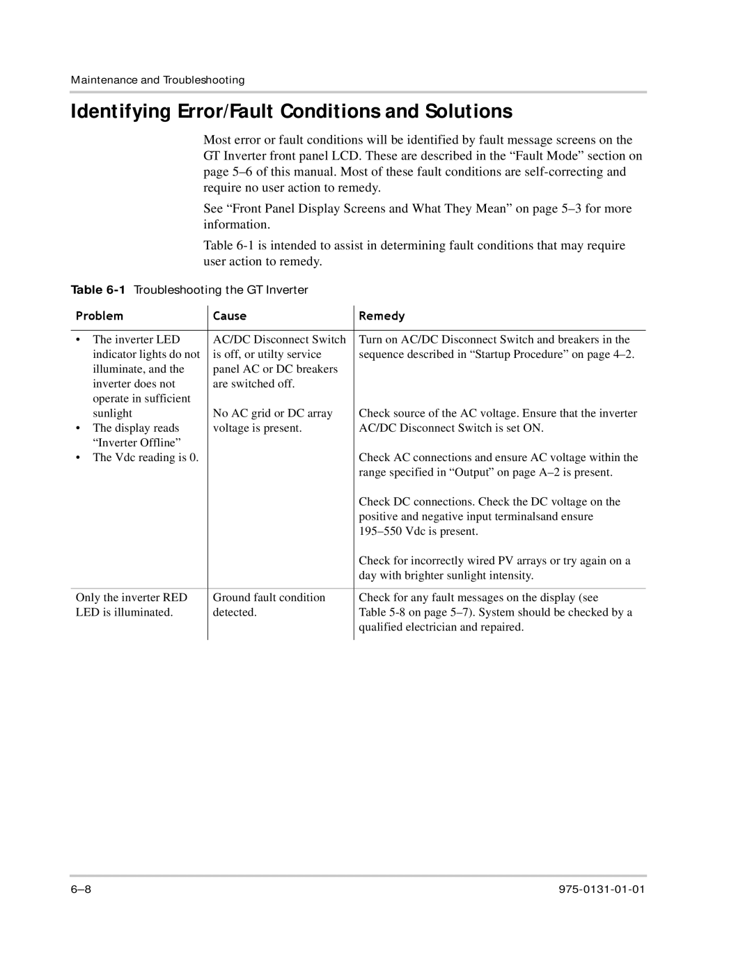 Xantrex Technology GT3.0 owner manual Identifying Error/Fault Conditions and Solutions, 1Troubleshooting the GT Inverter 