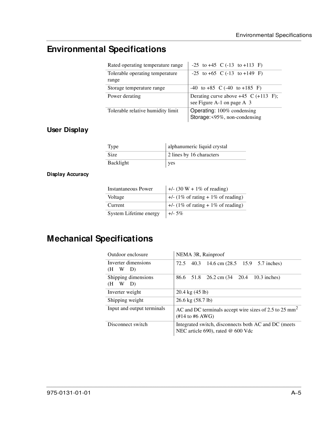 Xantrex Technology GT3.0 owner manual Environmental Specifications, Mechanical Specifications, User Display 