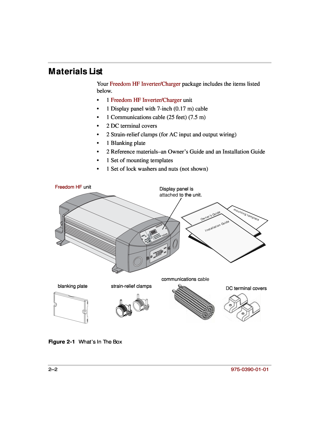 Xantrex Technology HF 1000, HF 1800 manual Materials List, Freedom HF Inverter/Charger unit 