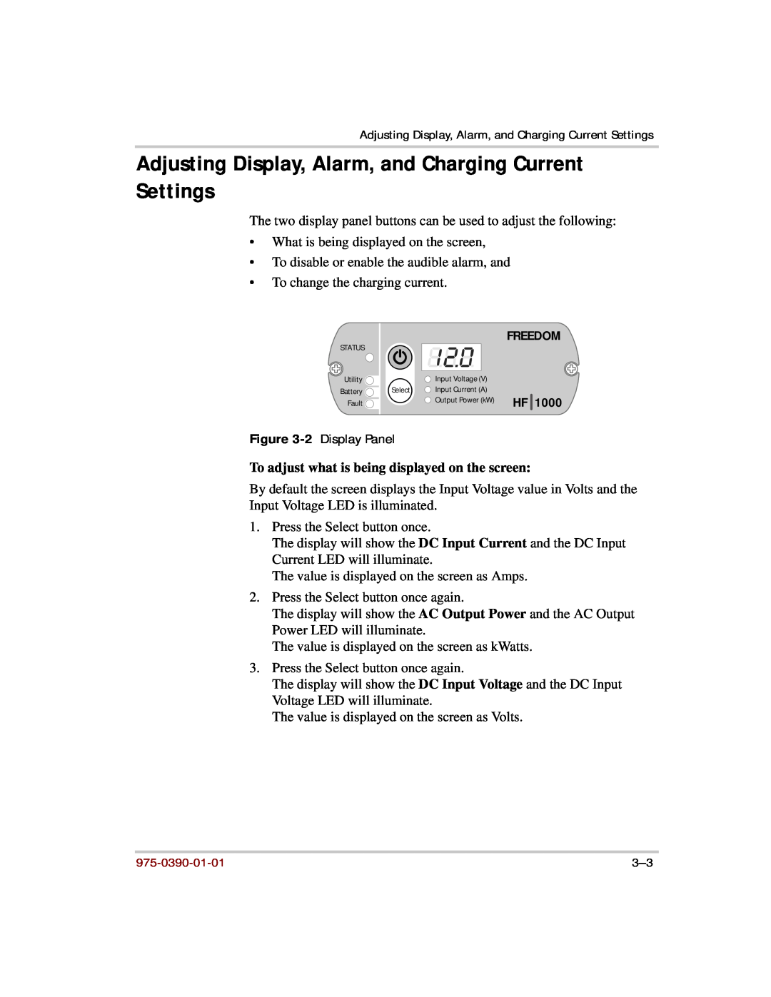 Xantrex Technology HF 1800, HF 1000 manual Adjusting Display, Alarm, and Charging Current Settings 