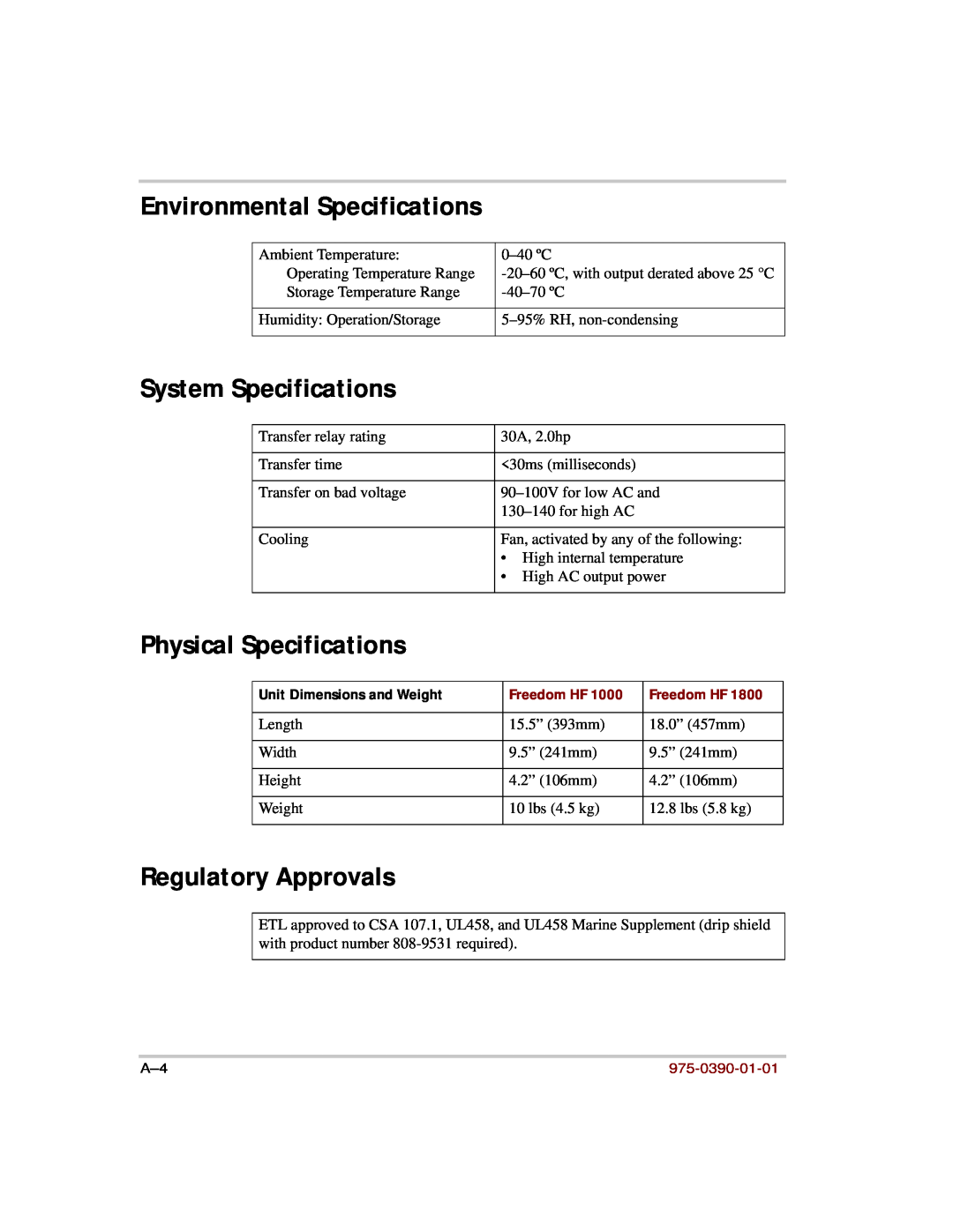 Xantrex Technology HF 1000 manual Environmental Specifications, System Specifications, Physical Specifications, Freedom HF 