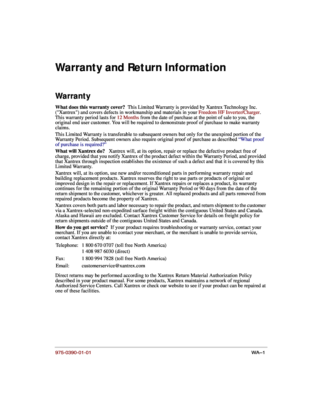 Xantrex Technology HF 1800, HF 1000 manual Warranty and Return Information, 975-0390-01-01, WA-1 
