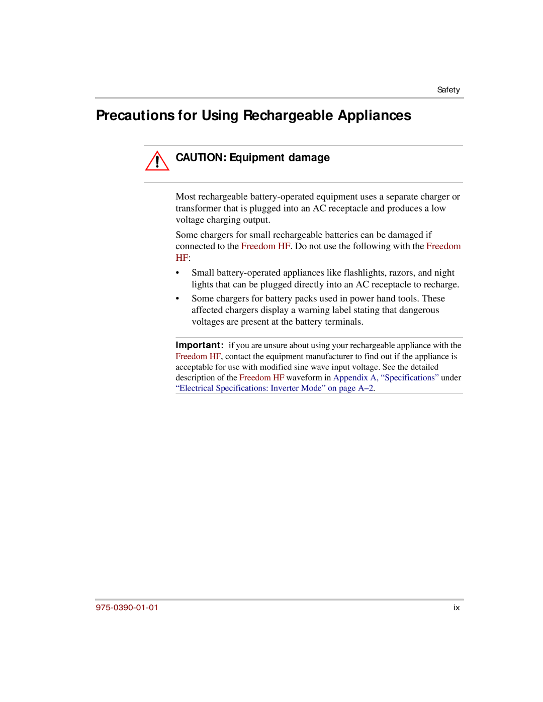 Xantrex Technology HF 1800, HF 1000 manual Precautions for Using Rechargeable Appliances 