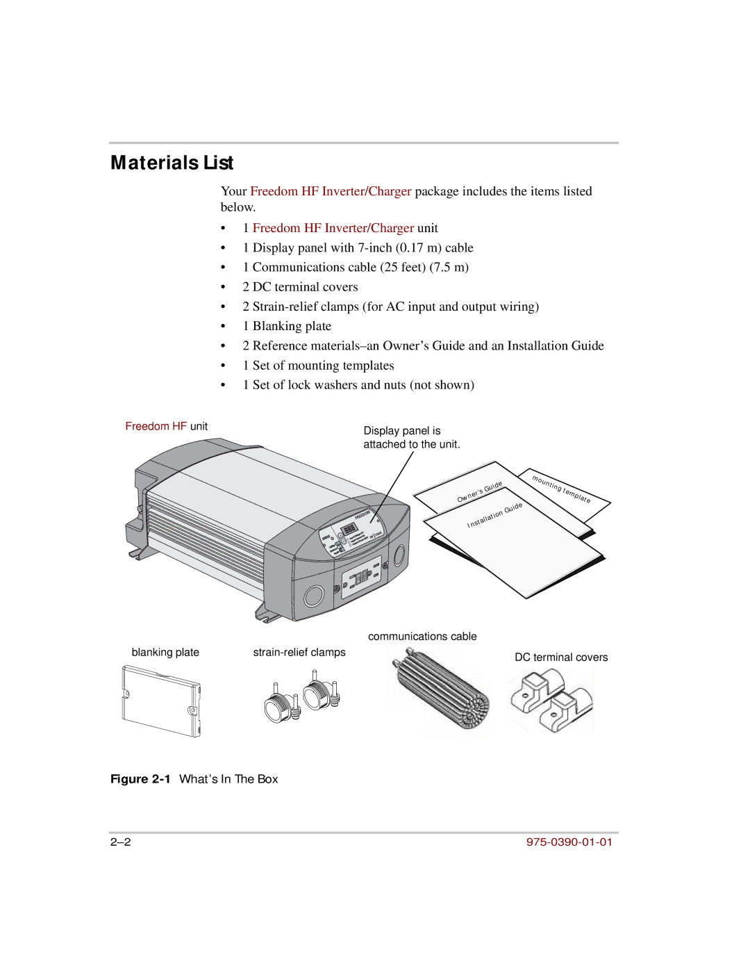 Xantrex Technology HF 1000, HF 1800 manual Materials List, Freedom HF Inverter/Charger unit 