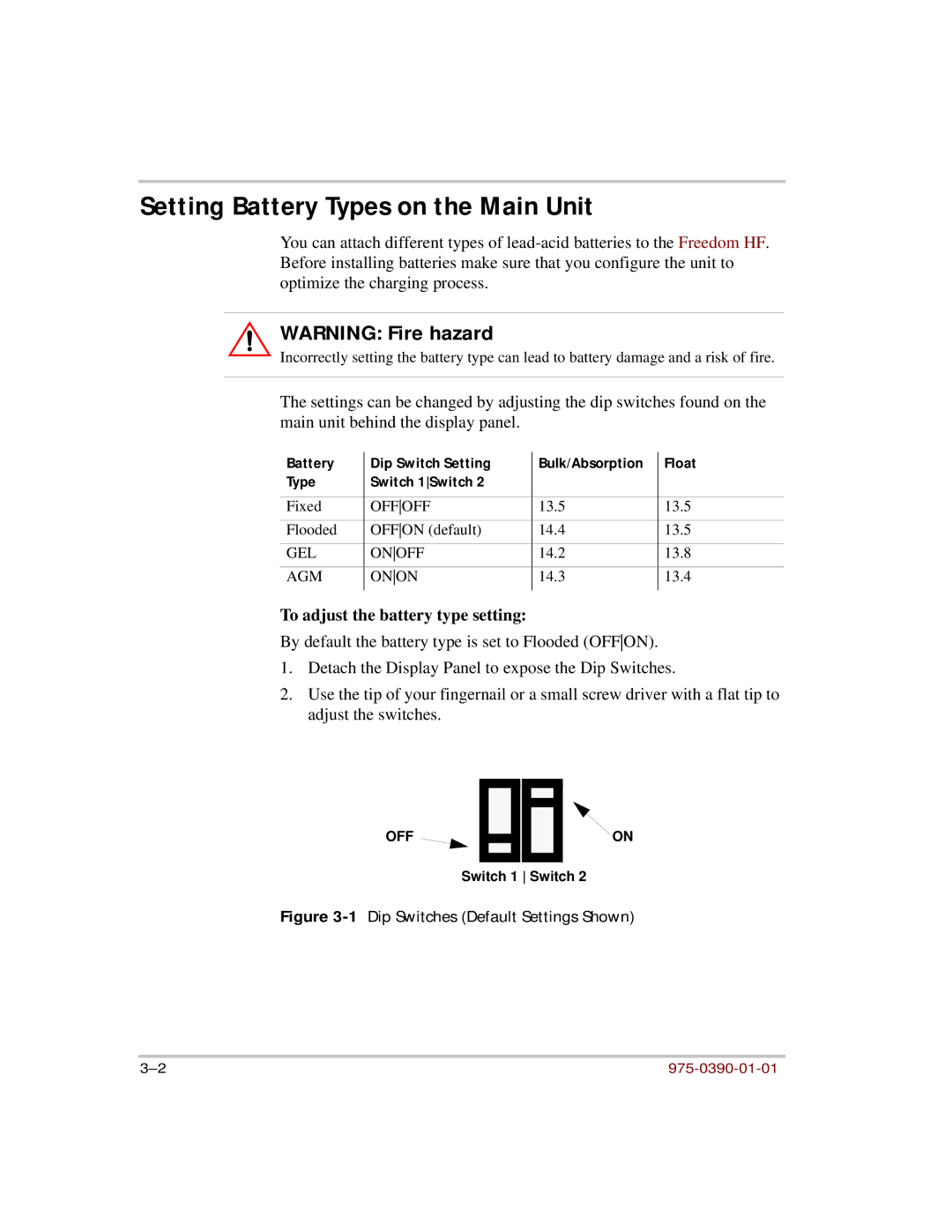 Xantrex Technology HF 1000, HF 1800 manual Setting Battery Types on the Main Unit, To adjust the battery type setting 