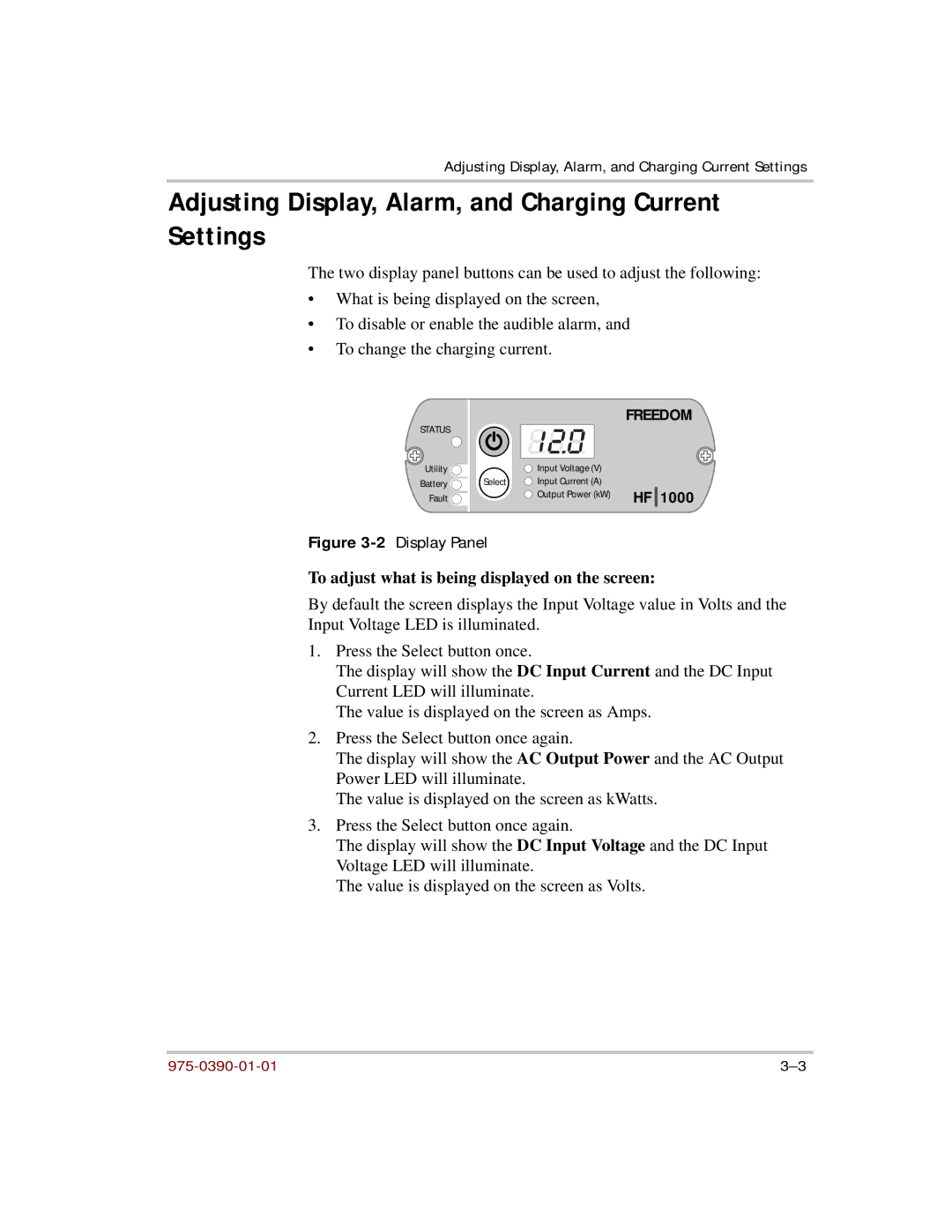 Xantrex Technology HF 1800, HF 1000 manual Adjusting Display, Alarm, and Charging Current Settings 