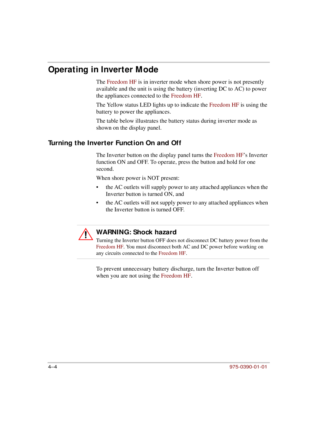 Xantrex Technology HF 1000, HF 1800 manual Operating in Inverter Mode, Turning the Inverter Function On and Off 