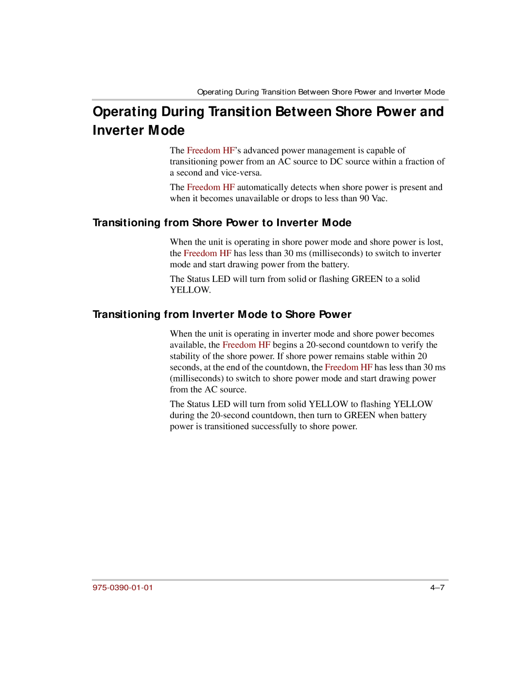 Xantrex Technology HF 1800, HF 1000 manual Transitioning from Shore Power to Inverter Mode 