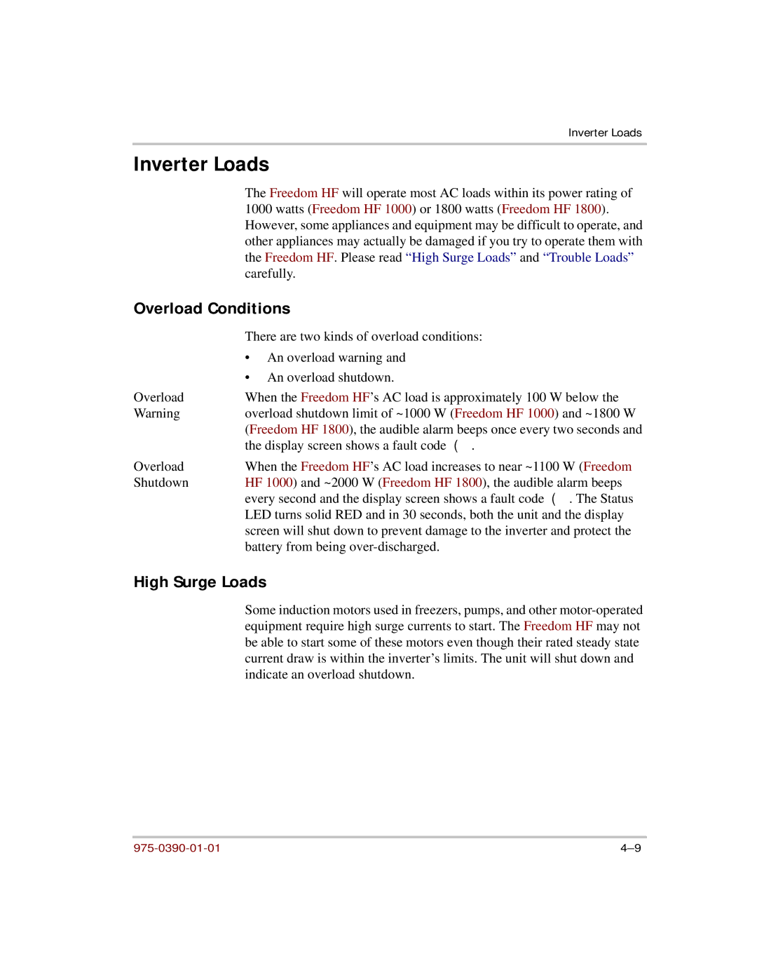 Xantrex Technology HF 1800, HF 1000 manual Inverter Loads, Overload Conditions, High Surge Loads 