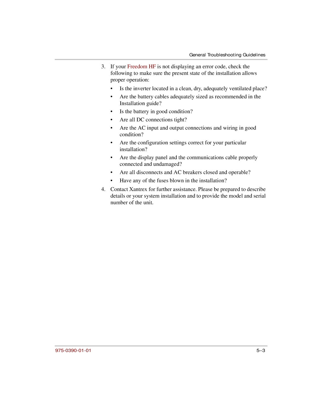 Xantrex Technology HF 1800, HF 1000 manual General Troubleshooting Guidelines 