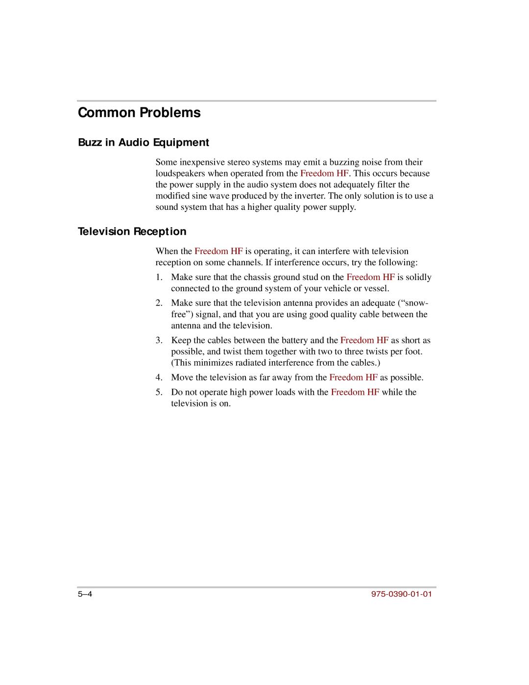 Xantrex Technology HF 1000, HF 1800 manual Common Problems, Buzz in Audio Equipment, Television Reception 