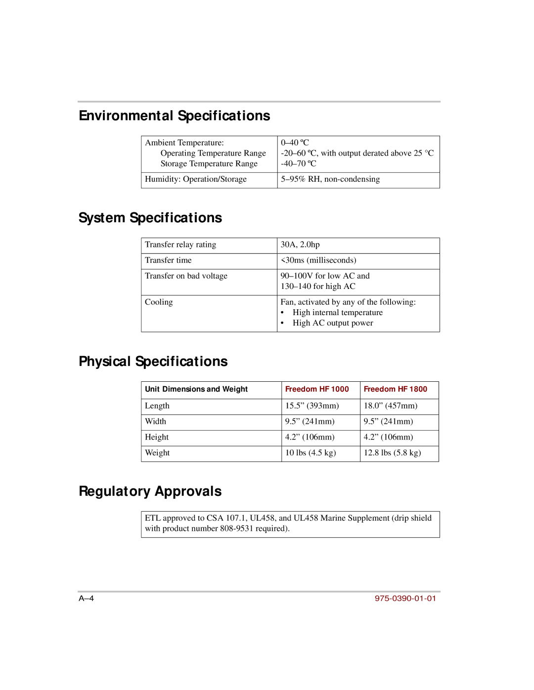 Xantrex Technology HF 1000, HF 1800 manual Environmental Specifications, System Specifications, Physical Specifications 