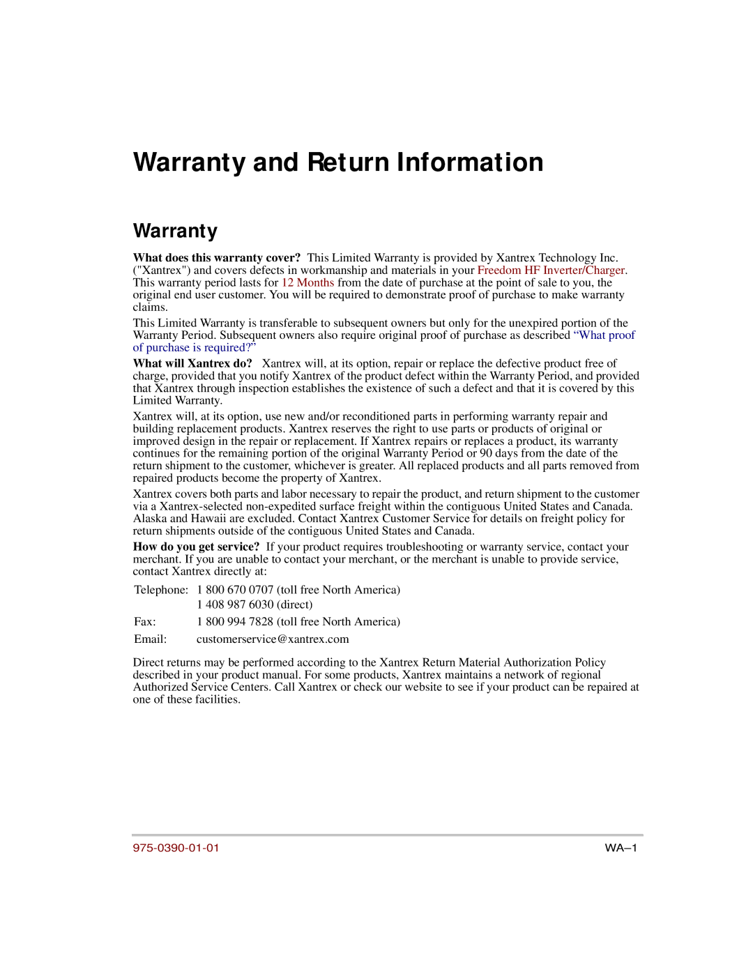 Xantrex Technology HF 1800, HF 1000 manual Warranty and Return Information 