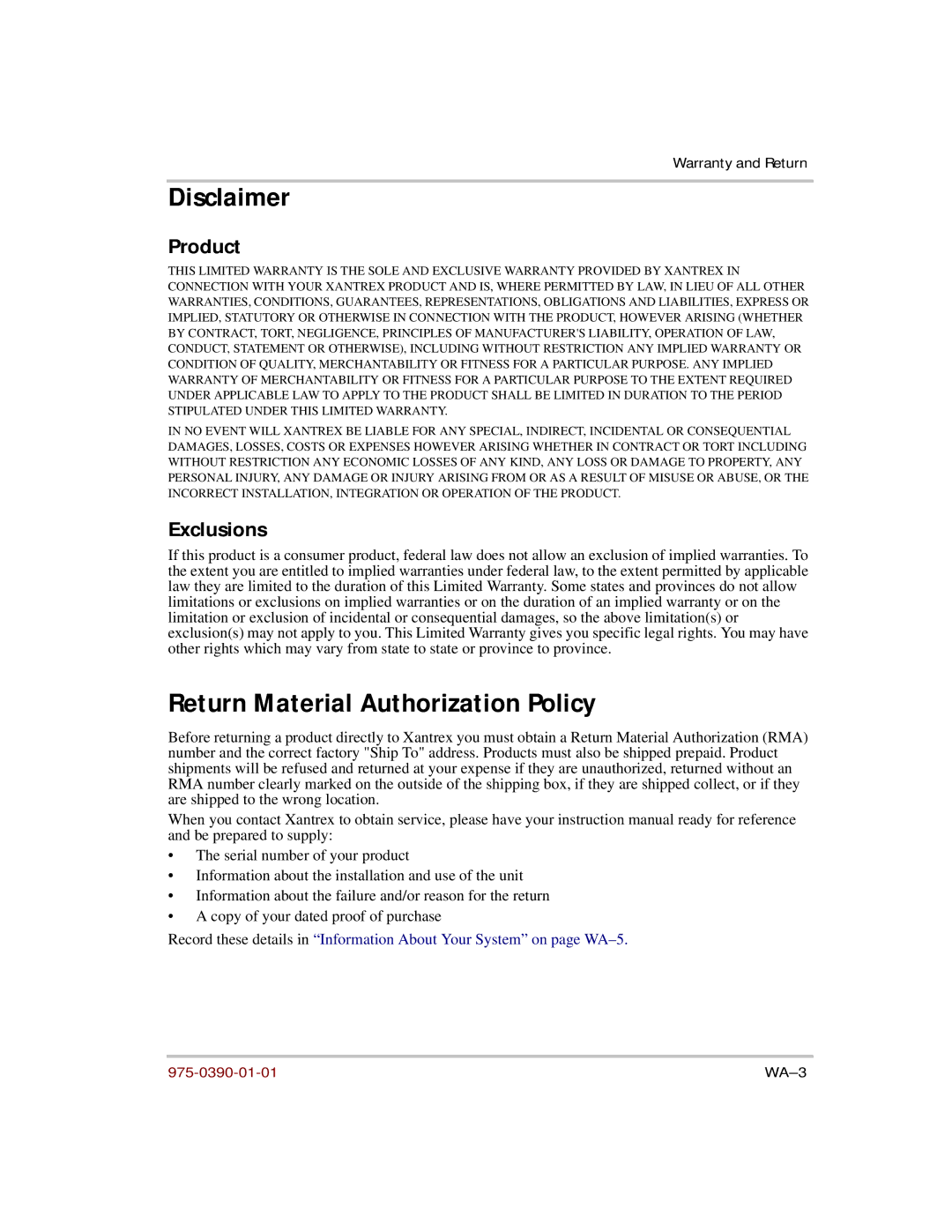 Xantrex Technology HF 1800, HF 1000 manual Disclaimer, Return Material Authorization Policy, Product, Exclusions 