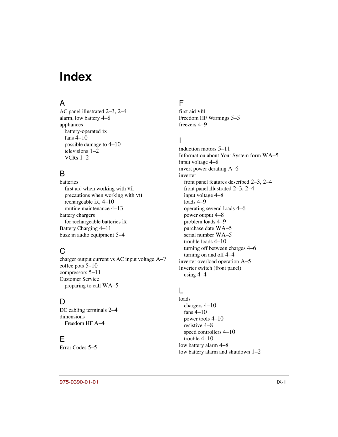 Xantrex Technology HF 1800, HF 1000 manual Index, 975-0390-01-01 IX-1 