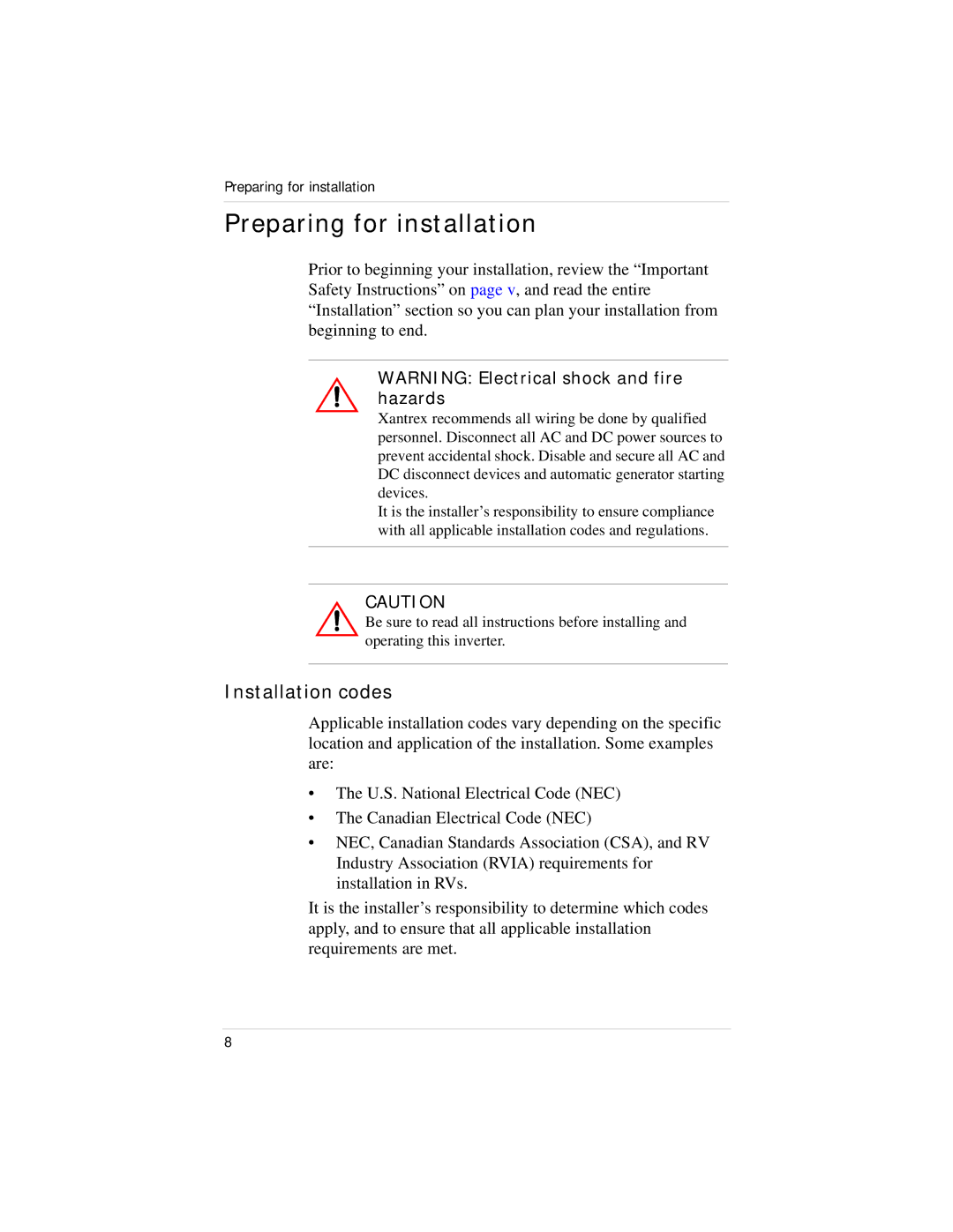 Xantrex Technology HI400 manual Preparing for installation, Installation codes 