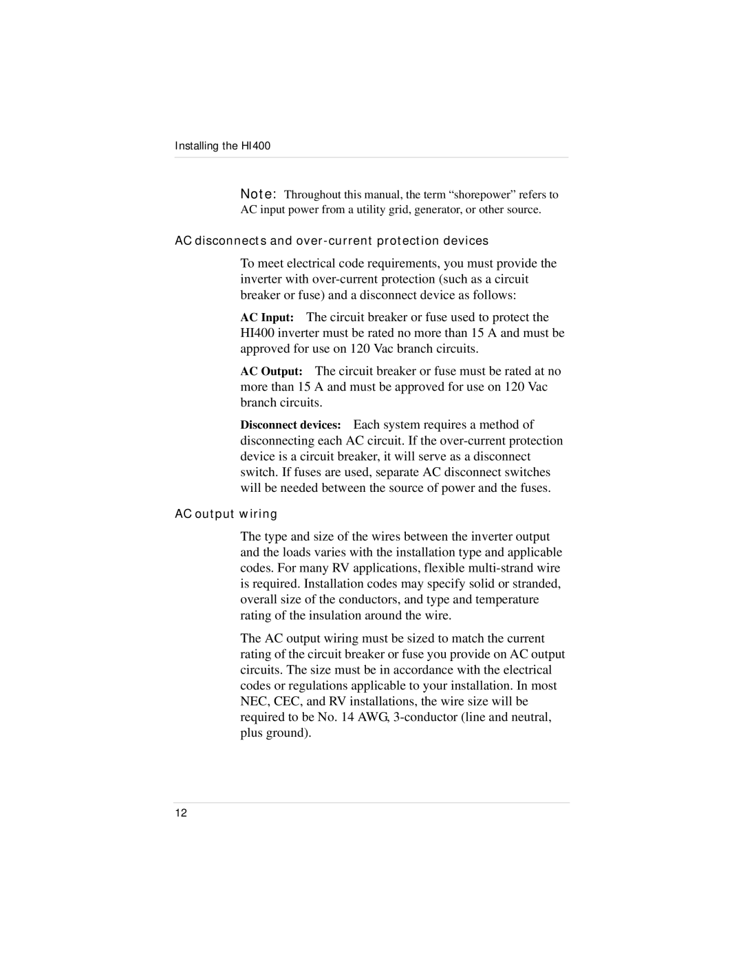 Xantrex Technology HI400 manual AC disconnects and over-current protection devices 