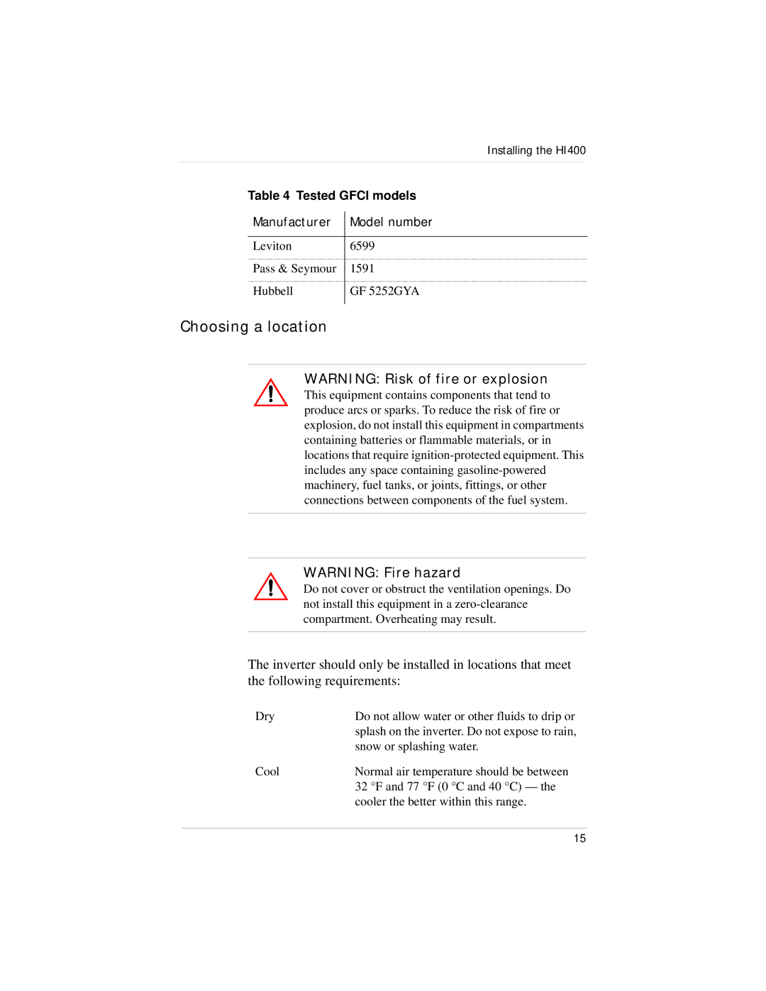 Xantrex Technology HI400 manual Choosing a location 