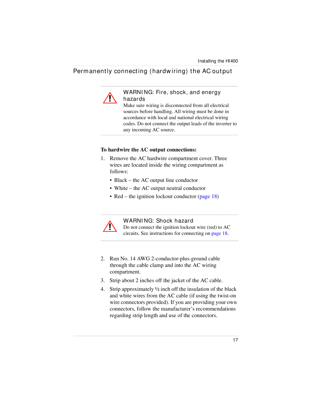 Xantrex Technology HI400 manual Permanently connecting hardwiring the AC output, To hardwire the AC output connections 