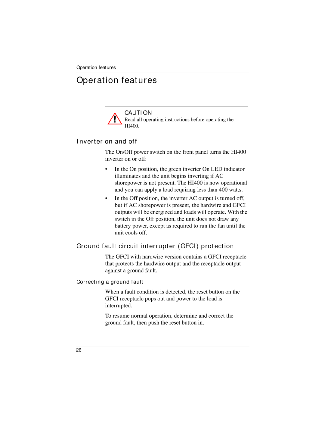 Xantrex Technology HI400 manual Operation features, Inverter on and off, Ground fault circuit interrupter Gfci protection 