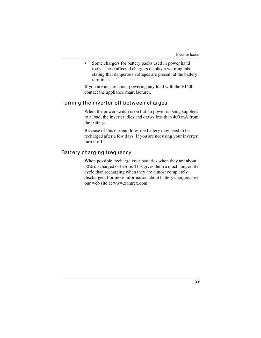 Xantrex Technology HI400 manual Turning the inverter off between charges, Battery charging frequency 