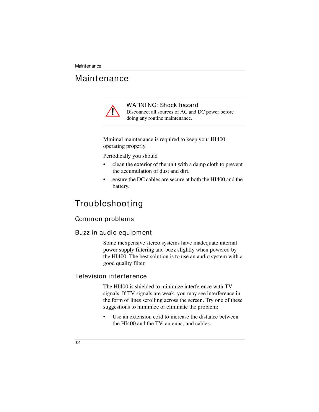 Xantrex Technology HI400 Maintenance, Troubleshooting, Common problems Buzz in audio equipment, Television interference 